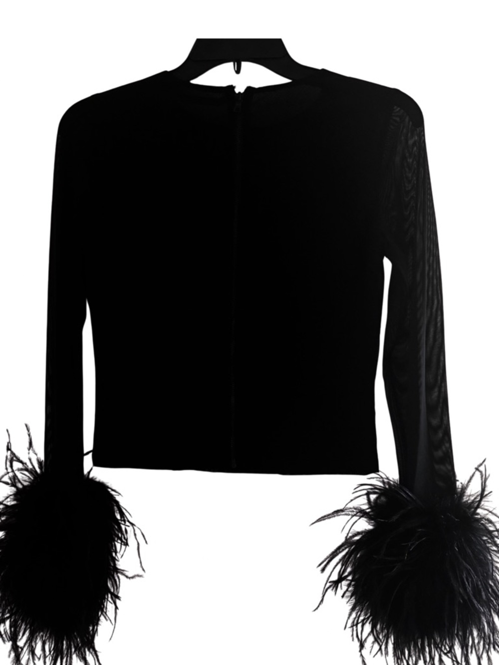 Alice + Olivia Delaina Feather Cuff Mesh Top | Sheer Black Statement Top Size M - Picture 3 of 9